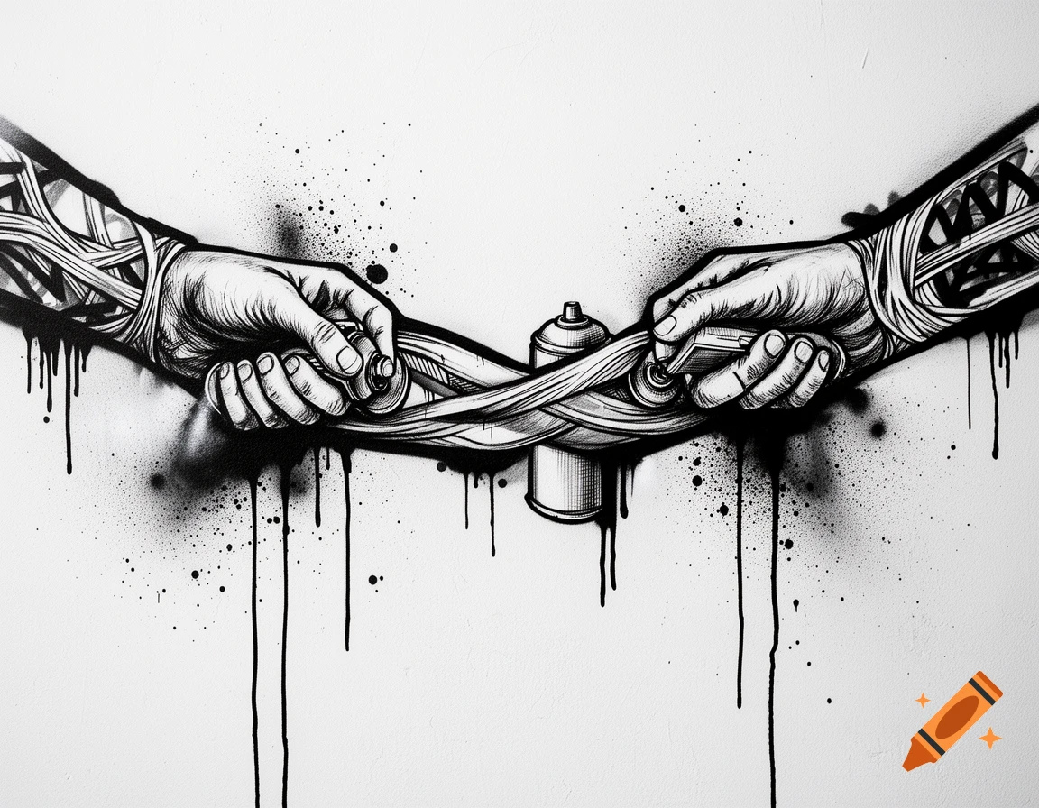 Black and white line art in M.C. Escher style showing two hands spray-painting each other's arms into existence on a white wall.