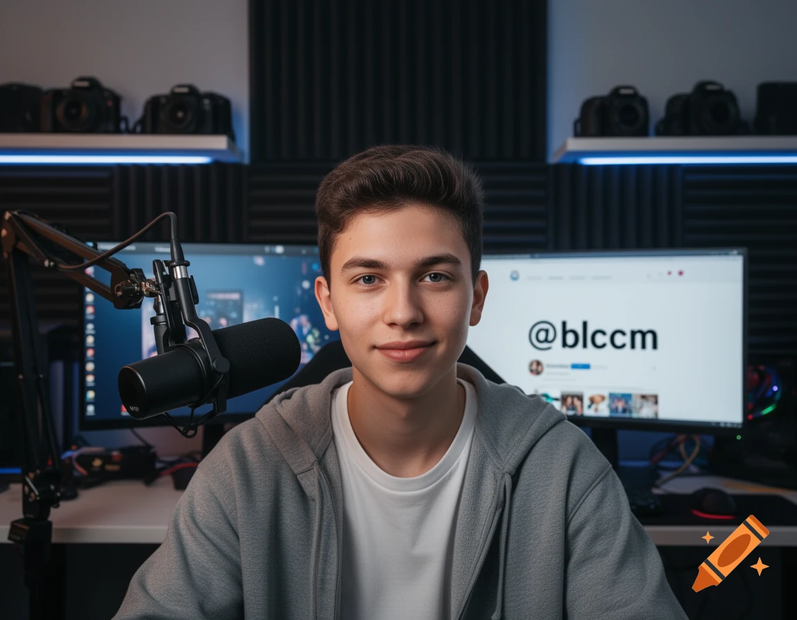 Photorealistic portrait of a young man smiling in a streaming studio with a microphone and monitors in the background.