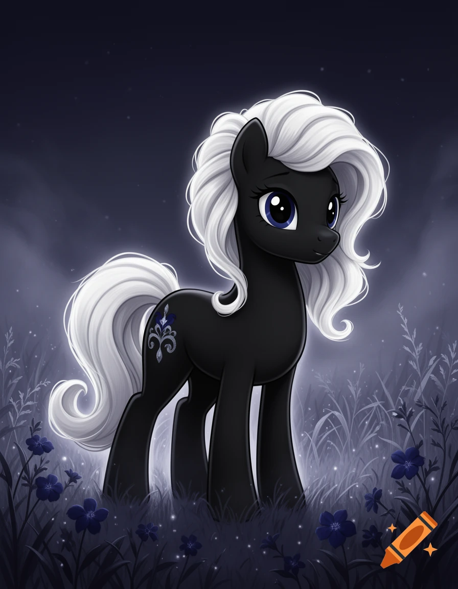 Digital illustration of a black pony with a voluminous white mane and tail, and dark blue eyes, standing in a dark grassy field with purple flowers.