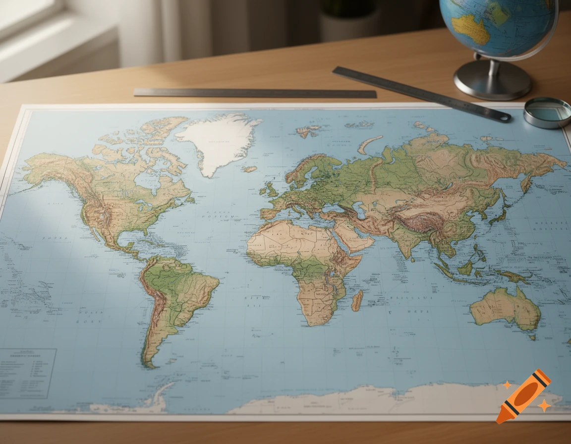 A world map spread out on a wooden desk with a globe, ruler, and magnifying glass.