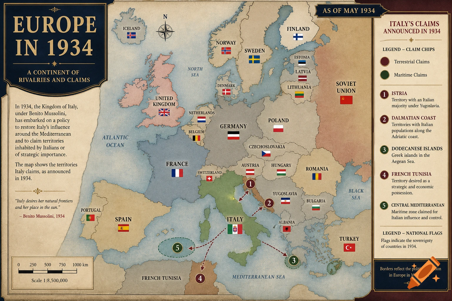 Vintage historical map of Europe in 1934 showing Italian territorial claims and national flags.