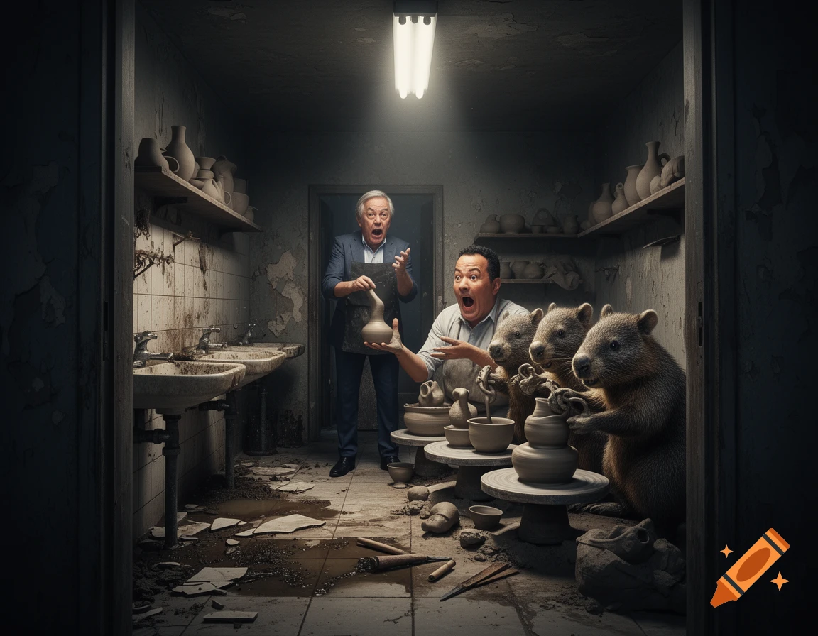 Surreal photorealistic scene of Tom Hanks teaching pottery to wombats in a filthy public restroom while António Guterres watches in shock.
