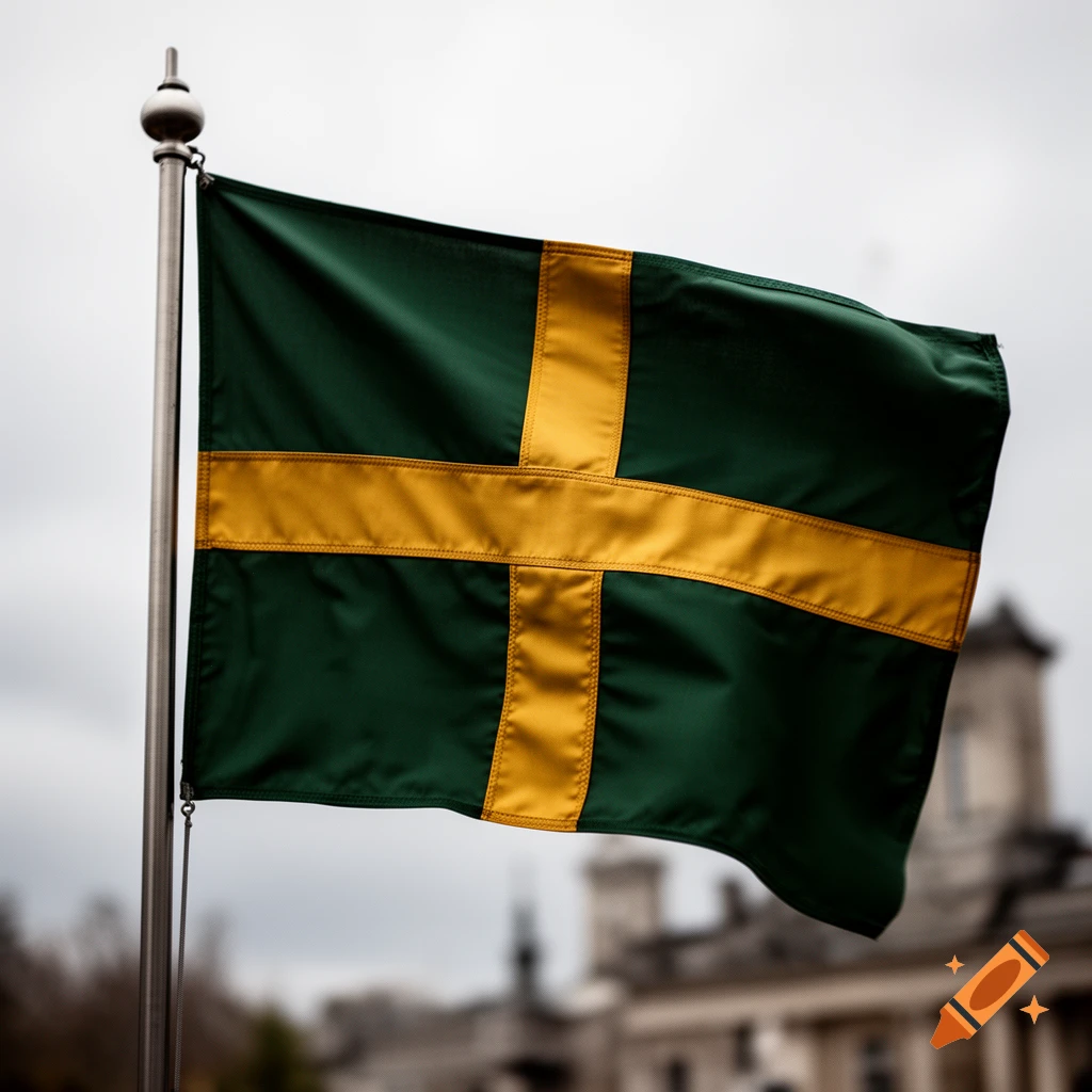 A green and gold Nordic cross flag waving on a flagpole against an overcast sky and blurred building background, photorealistic.