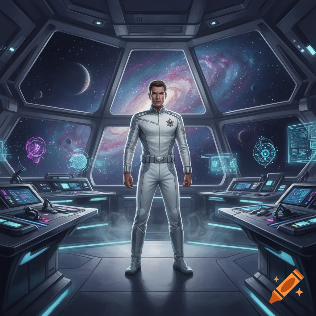 Digital illustration of a male space captain in a white uniform standing on the bridge of a futuristic spaceship overlooking a galaxy.