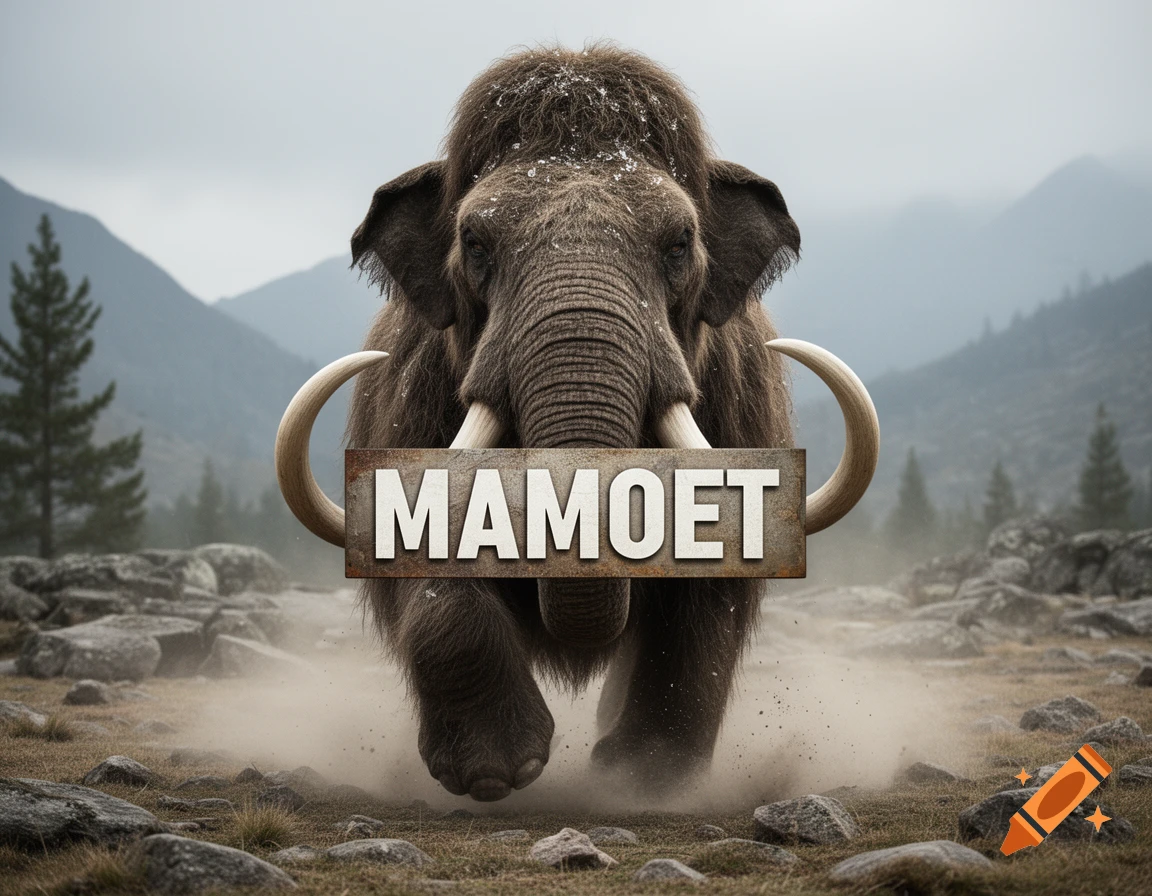 A photorealistic woolly mammoth charging forward through a rocky landscape, holding a sign with the text MAMOET.
