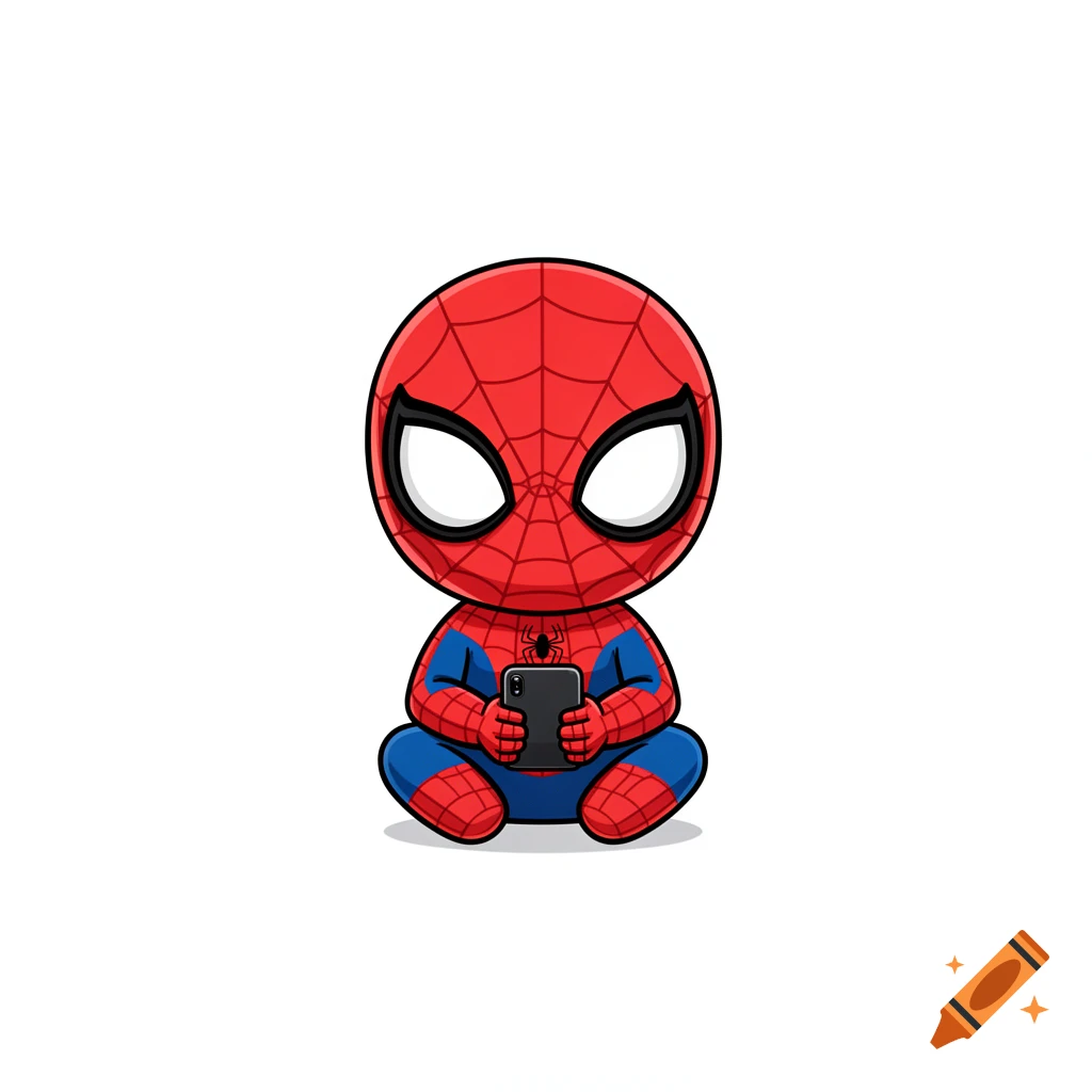 Chibi Spider-Man sitting and looking at a smartphone, cute vector style on a white background.
