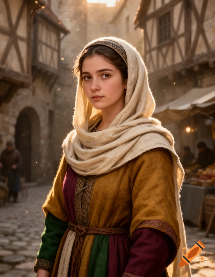 Photorealistic portrait of a young woman from 1150 wearing a tikhel head covering in a medieval village.
