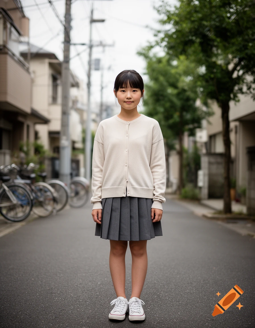 Full-body shot of a young girl standing on a narrow street in Japan, wearing a light cardigan and a pleated grey skirt.