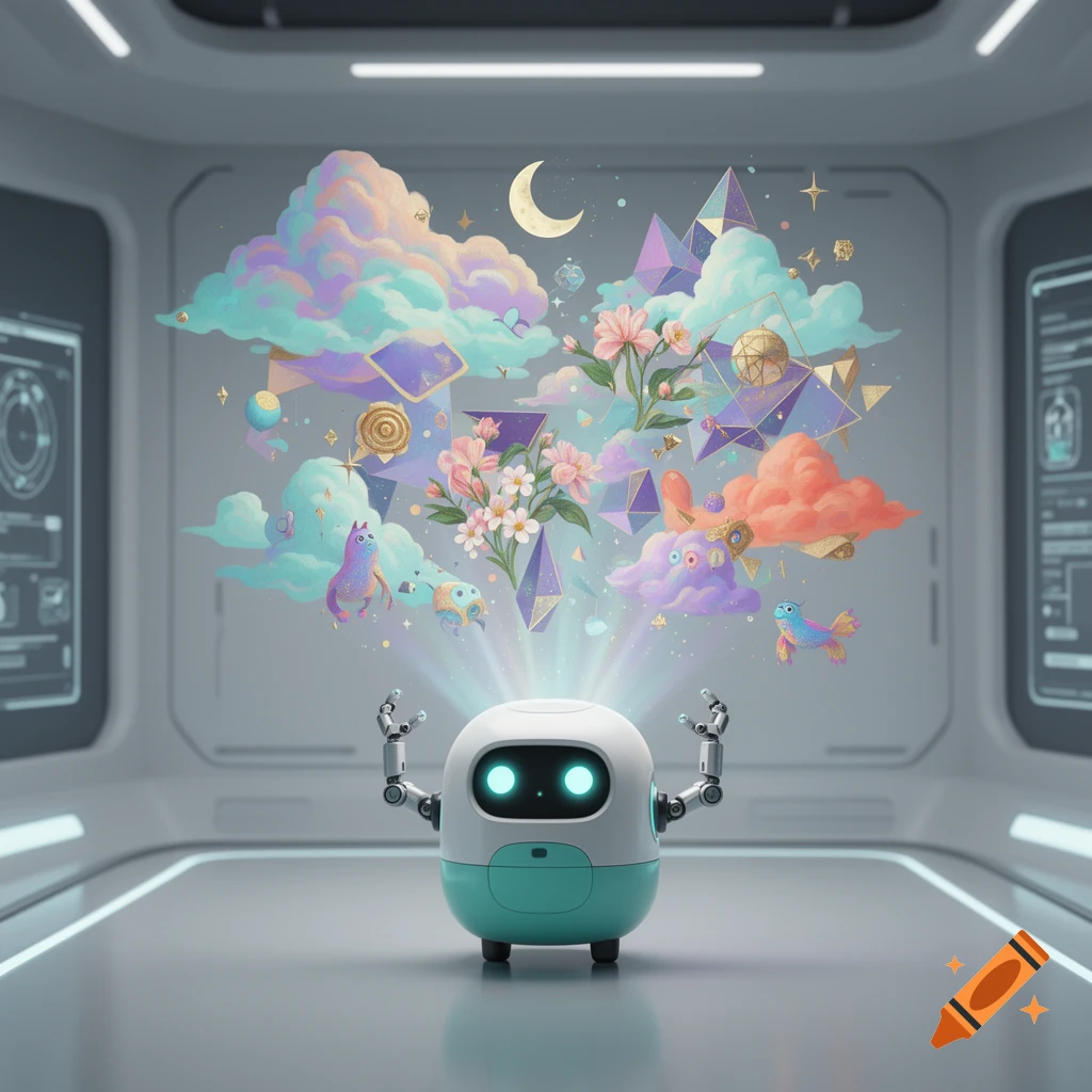 A small cute white and teal robot projecting colorful 3D clouds, flowers, and celestial shapes in a futuristic sci-fi room.