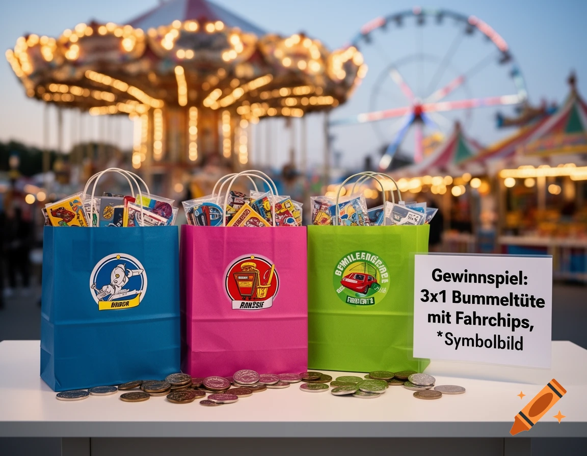 Three colorful paper gift bags filled with tokens and prizes on a table in front of a carnival with a carousel and ferris wheel.