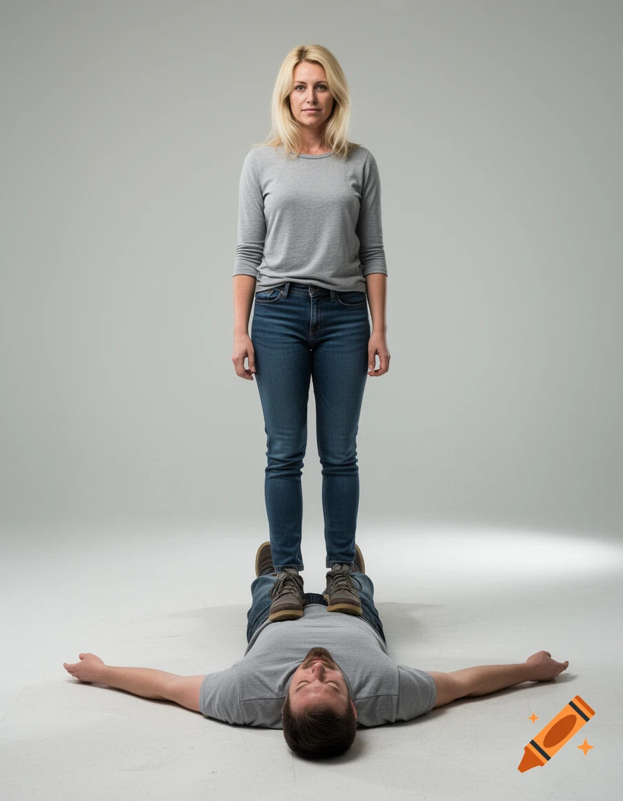 A photorealistic studio shot of a blonde woman standing upright with her feet on the chest of a man lying flat on the floor.