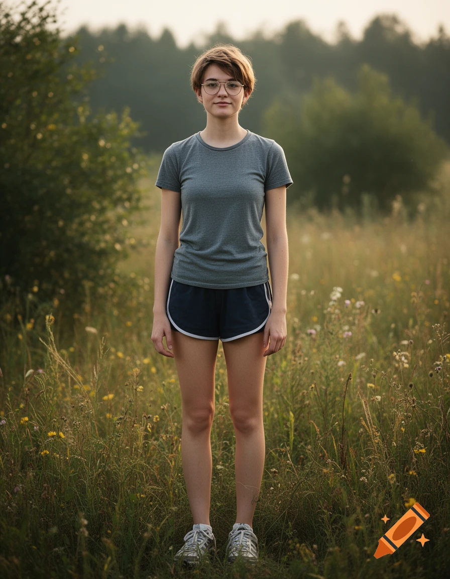 Full-body portrait of a young androgynous woman with short brown hair and glasses, wearing a grey t-shirt and shorts in a grassy field.