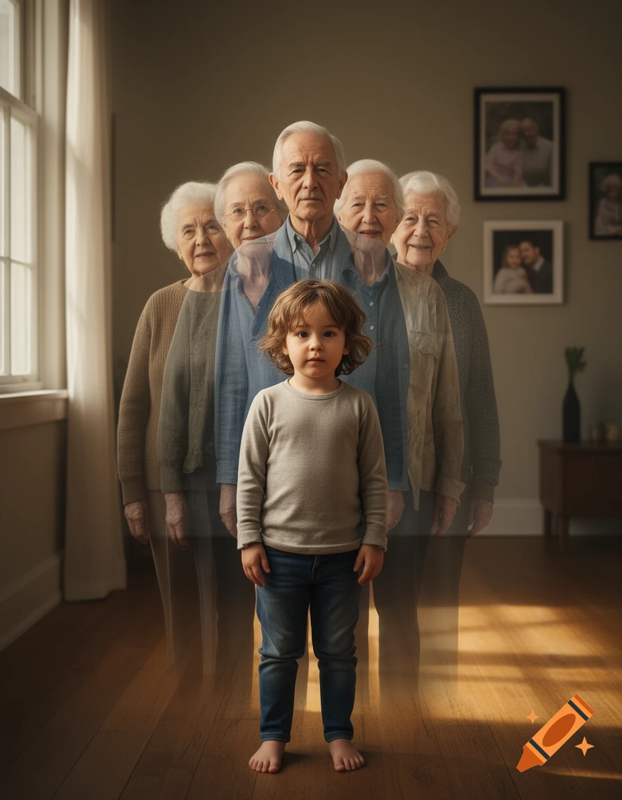 Photorealistic surreal image of a young child standing in the foreground, with ghostly, translucent figures of ancestors standing behind them.