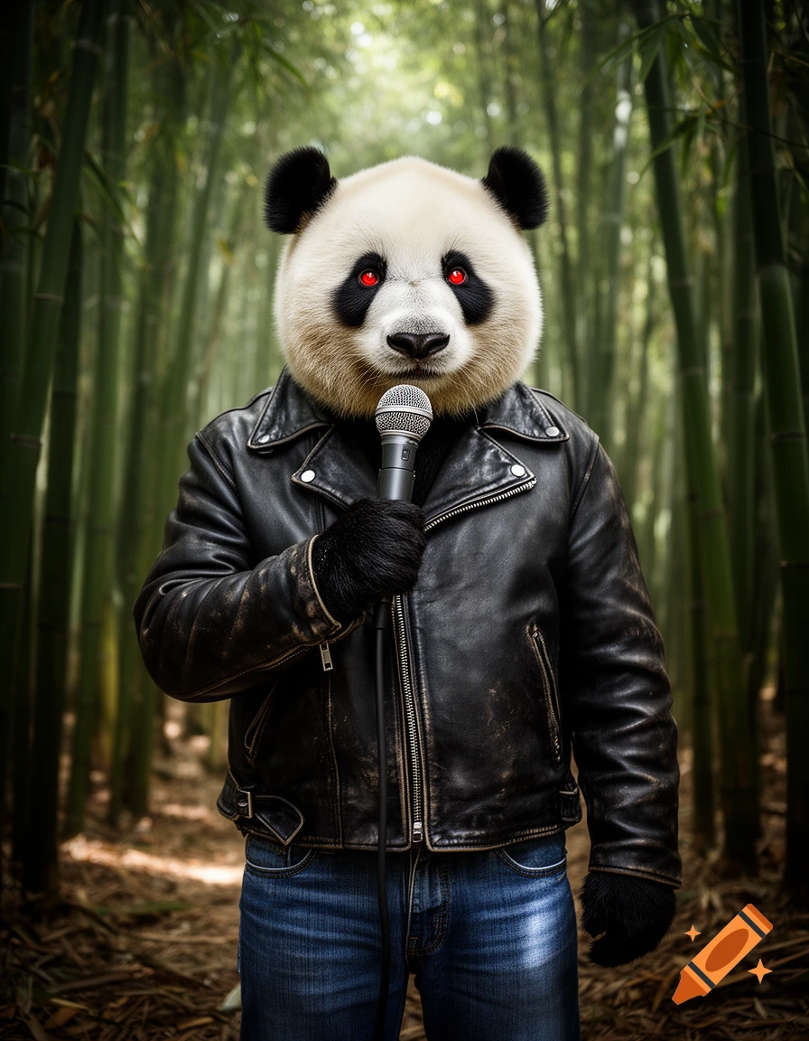 Photorealistic panda wearing a leather jacket and jeans while holding a microphone in a bamboo forest.