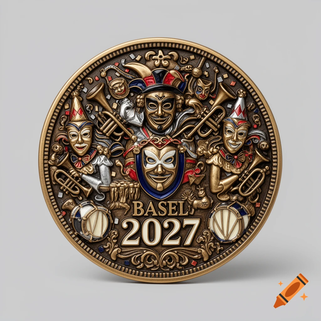 Round bronze carnival medal featuring jester masks, musical instruments, and the text BASEL 2027.