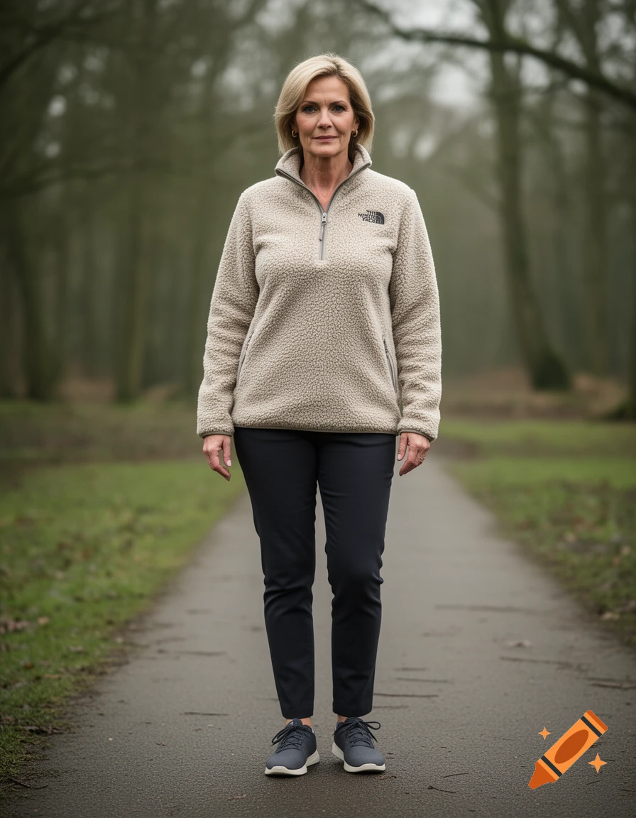 Photorealistic full-body portrait of a mature woman wearing a beige fleece pullover and dark pants, standing on a park path.
