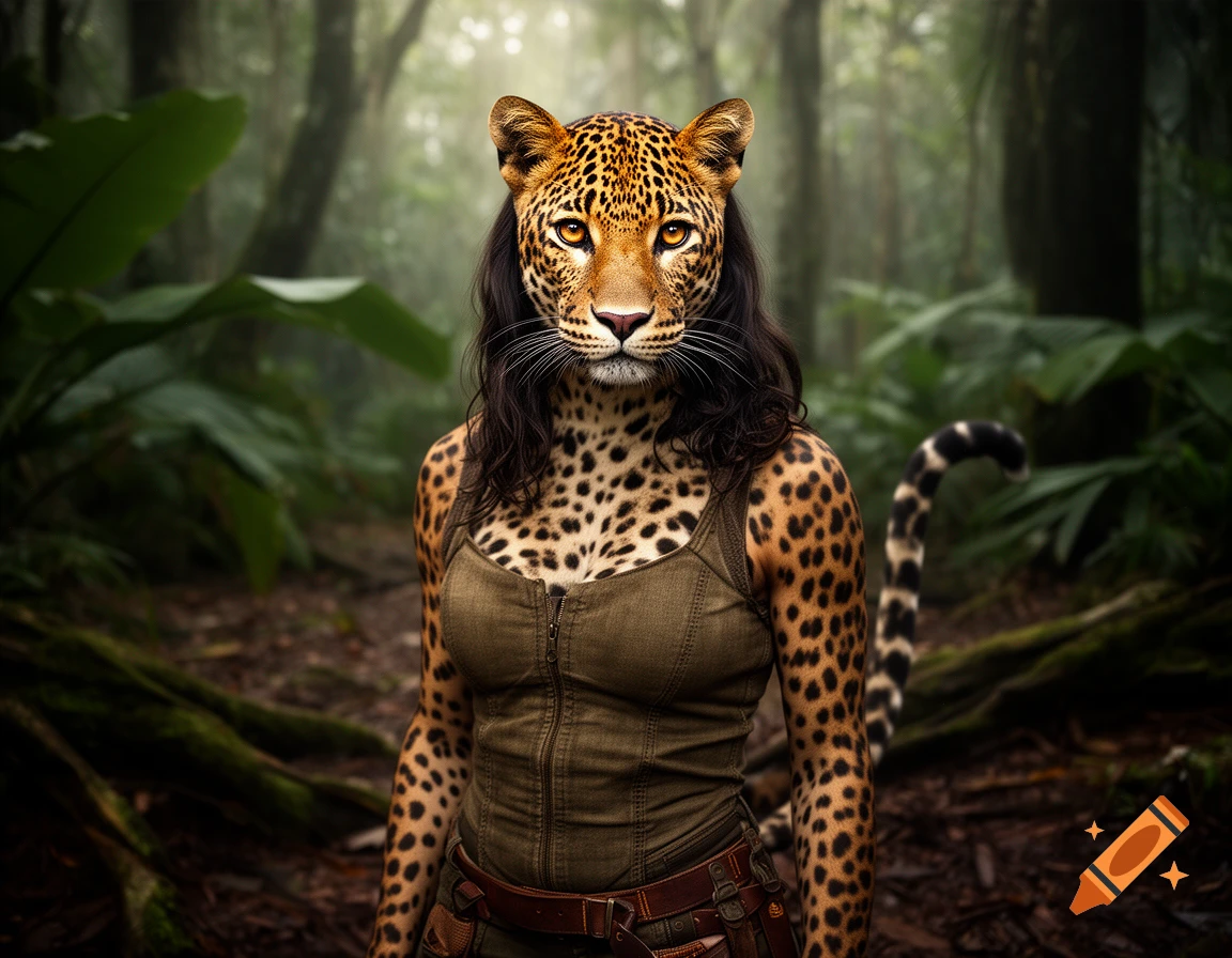 Photorealistic portrait of a demihuman woman with jaguar features, ears, tail, and spots, wearing a green tank top in a jungle.