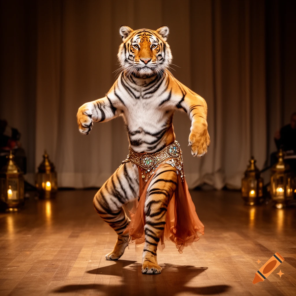 Photorealistic image of a tiger with a human-like body belly dancing in a lit room with lanterns and curtains.