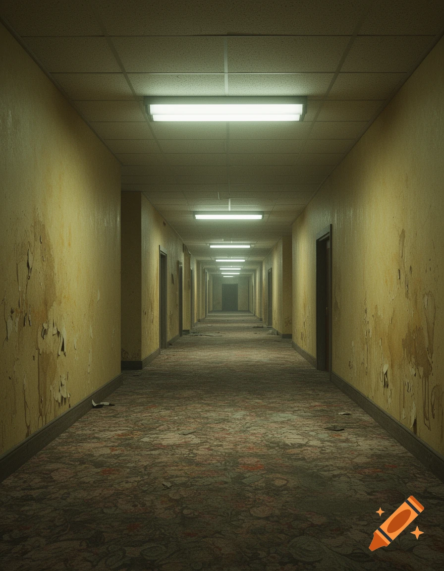 Photorealistic image of an endless, eerie yellow hallway with fluorescent lights and patterned carpet in the Backrooms.