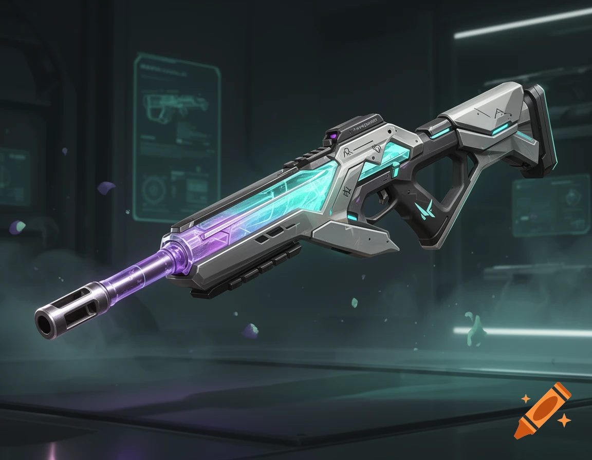Futuristic sci-fi sniper rifle with glowing blue and purple energy components in a sleek metallic finish.