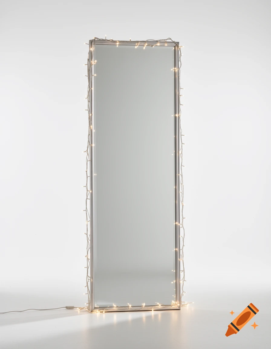 A full-length standing mirror draped with glowing fairy lights against a plain white background.