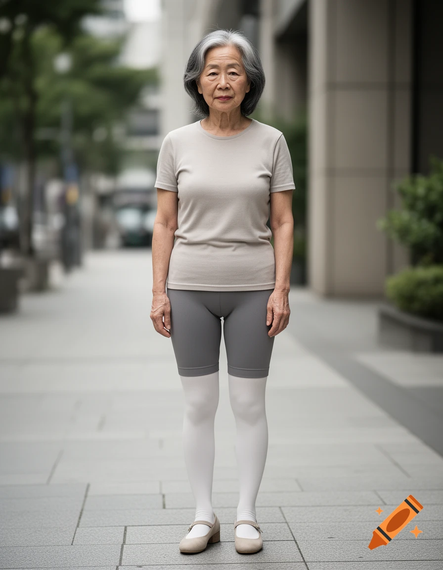 Photorealistic full-body portrait of an older Asian woman with gray hair standing outdoors, wearing a light gray t-shirt, gray bike shorts, white tights, and low heels.