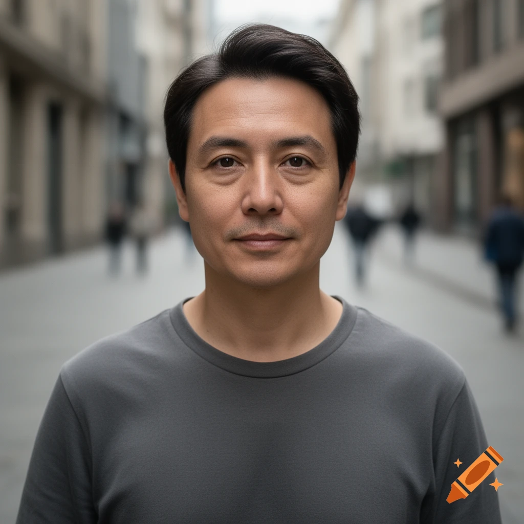 Photorealistic portrait of a man in a gray t-shirt standing on a city street.