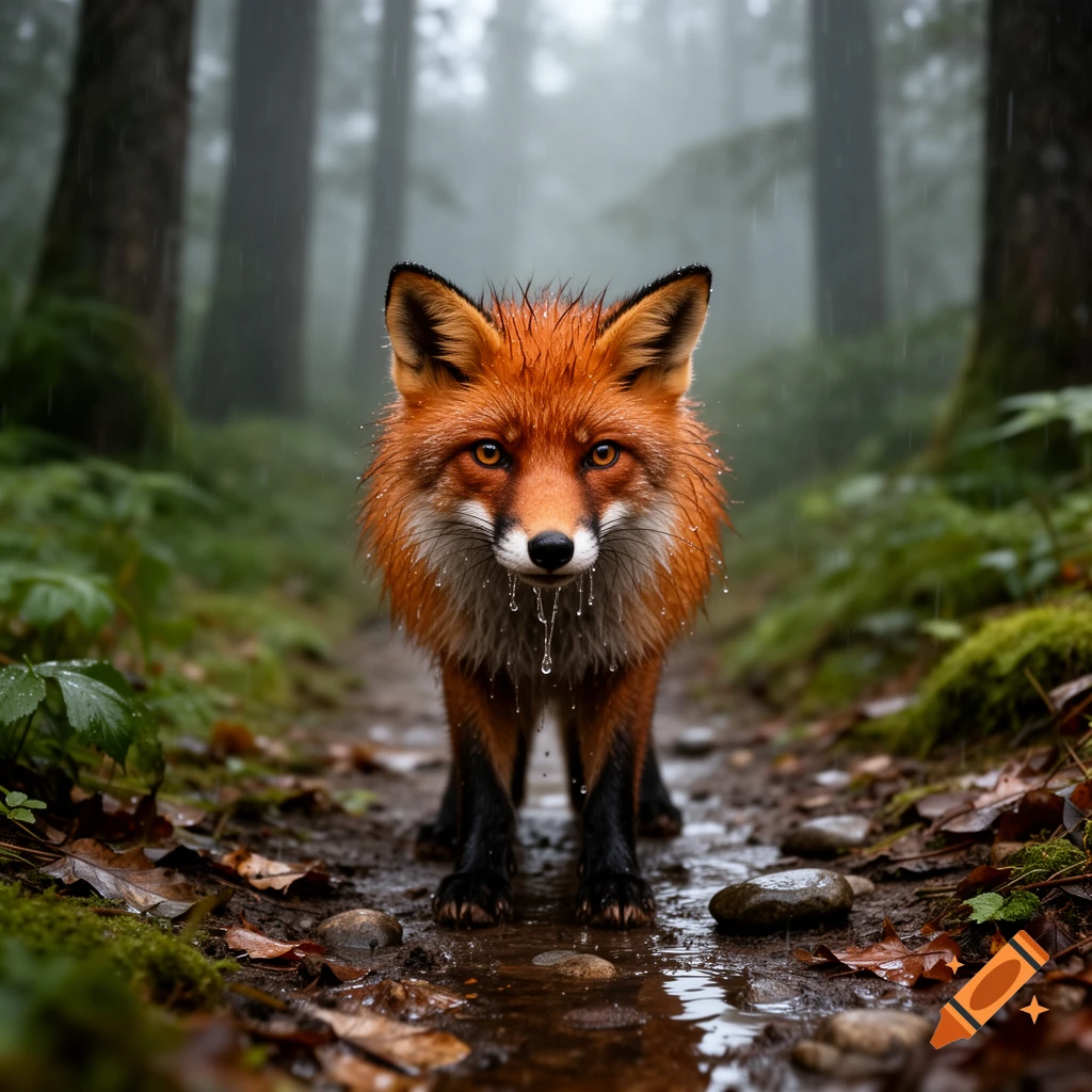 Photorealistic image of a wet red fox standing on a muddy forest path in the rain.