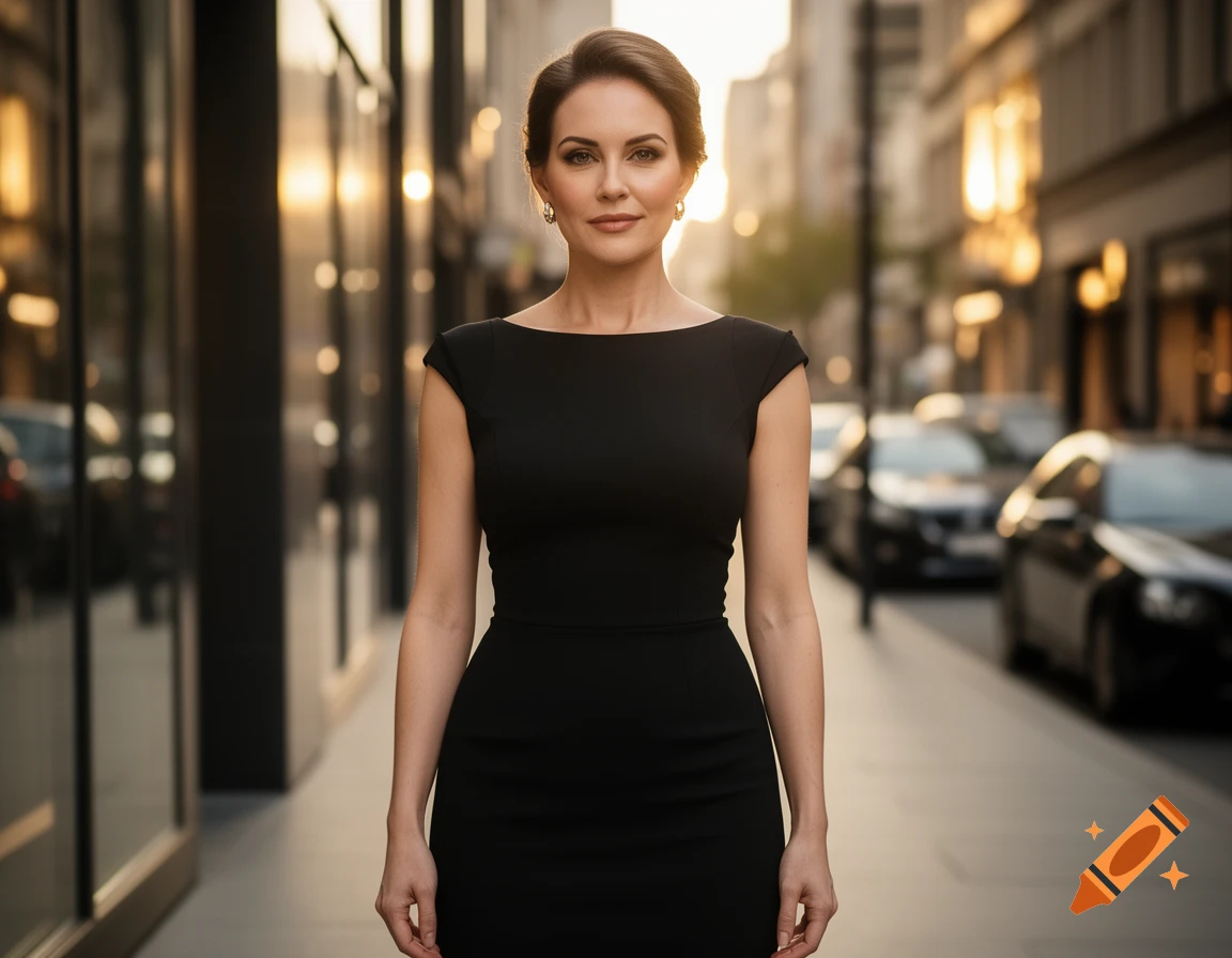 Photorealistic portrait of a woman in a black dress standing on a city street at sunset.