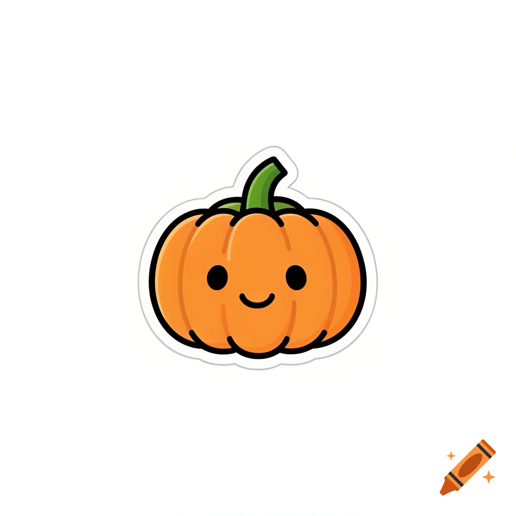 Cute cartoon pumpkin sticker with a smiling face and a green stem, flat vector style with a thick white border.