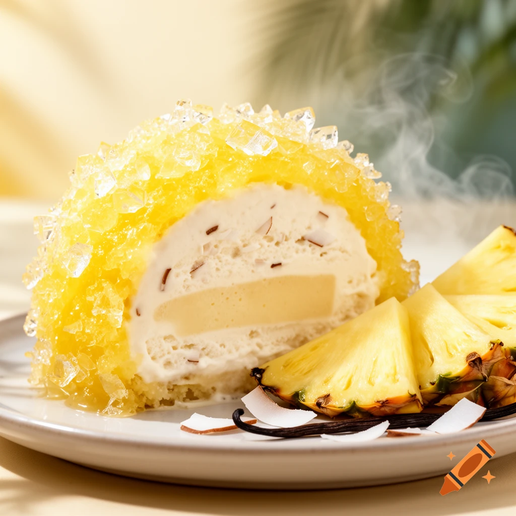 A slice of ice cream cake with a pineapple and crystal sugar coating, served on a white plate with pineapple slices and vanilla.