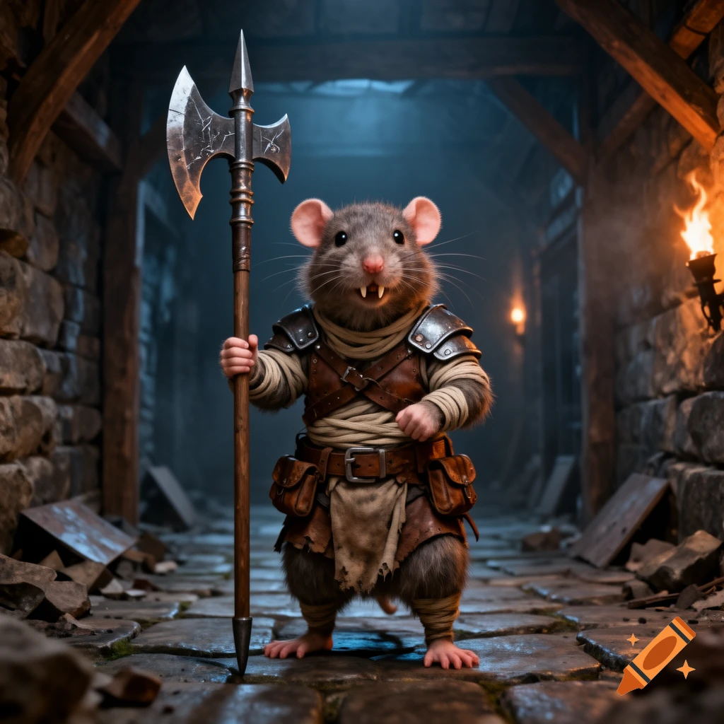 An anthropomorphic rat wearing leather armor and holding a large halberd, standing in a stone dungeon corridor.