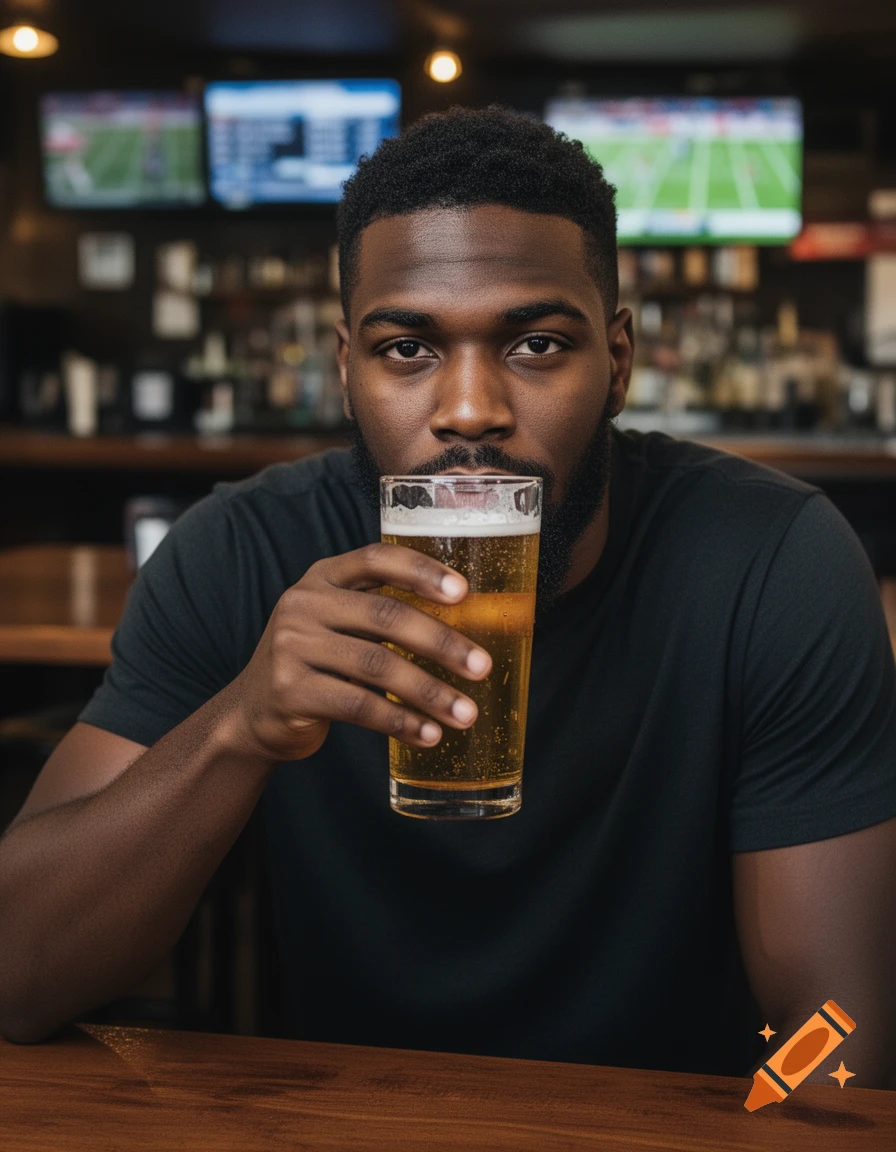 Photorealistic portrait of a man drinking a glass of beer in a bar with sports screens in the background