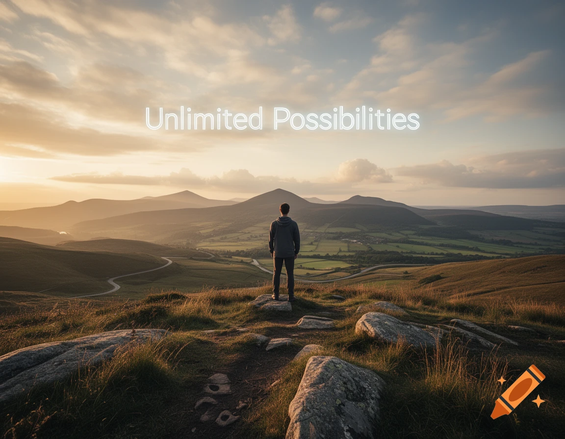 Photorealistic landscape of a person standing on a hilltop looking at mountains, with the text Unlimited Possibilities above them.