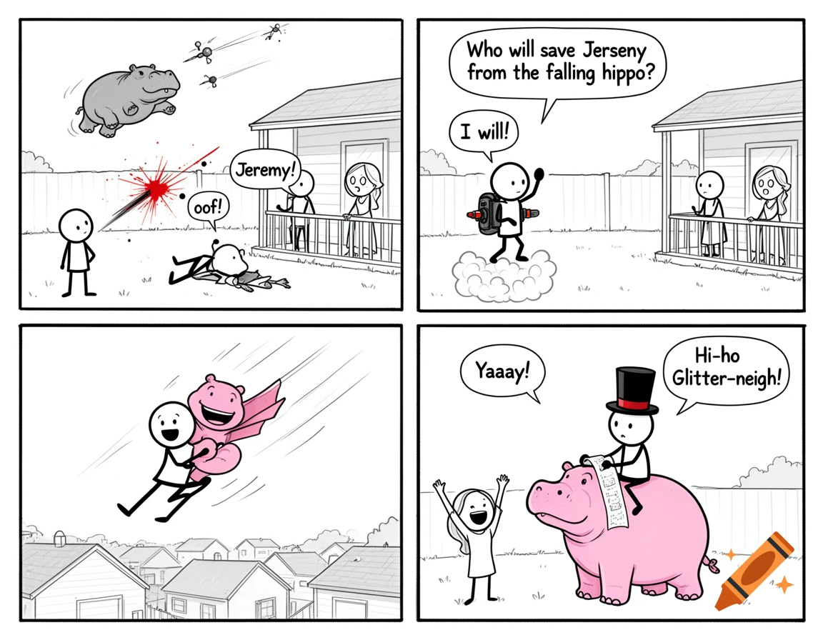 A four-panel black and white stick figure comic strip depicting a superhero saving a man from a falling hippo.