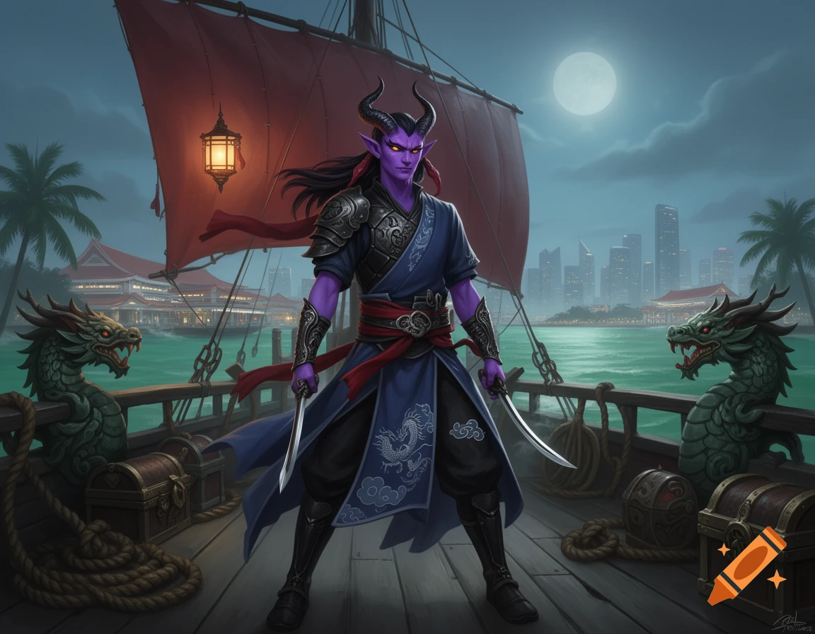 A purple-skinned tiefling pirate with horns and glowing yellow eyes holding two daggers on a wooden ship deck, with dragon figureheads and a city skyline in the background, digital art style.