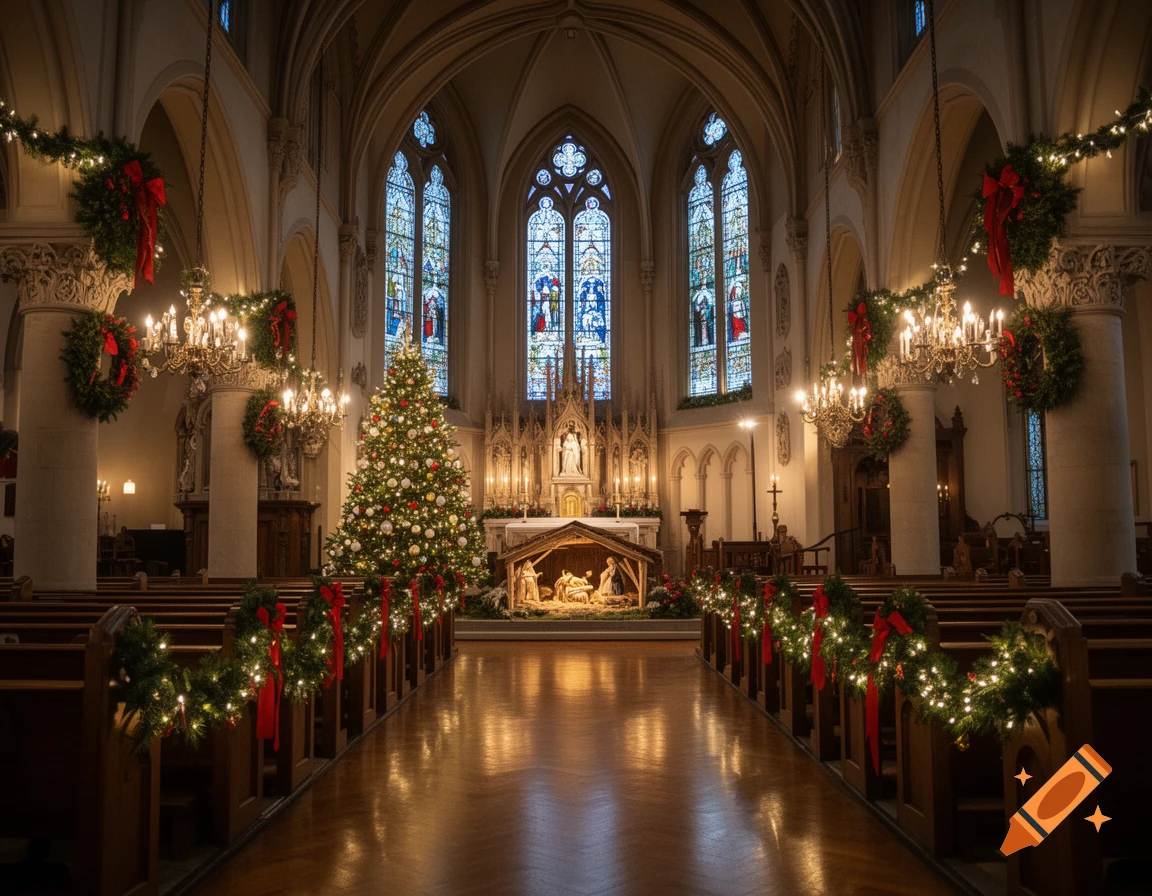 Photorealistic interior view of a church decorated for Christmas, featuring a lit tree and nativity scene down the center aisle.
