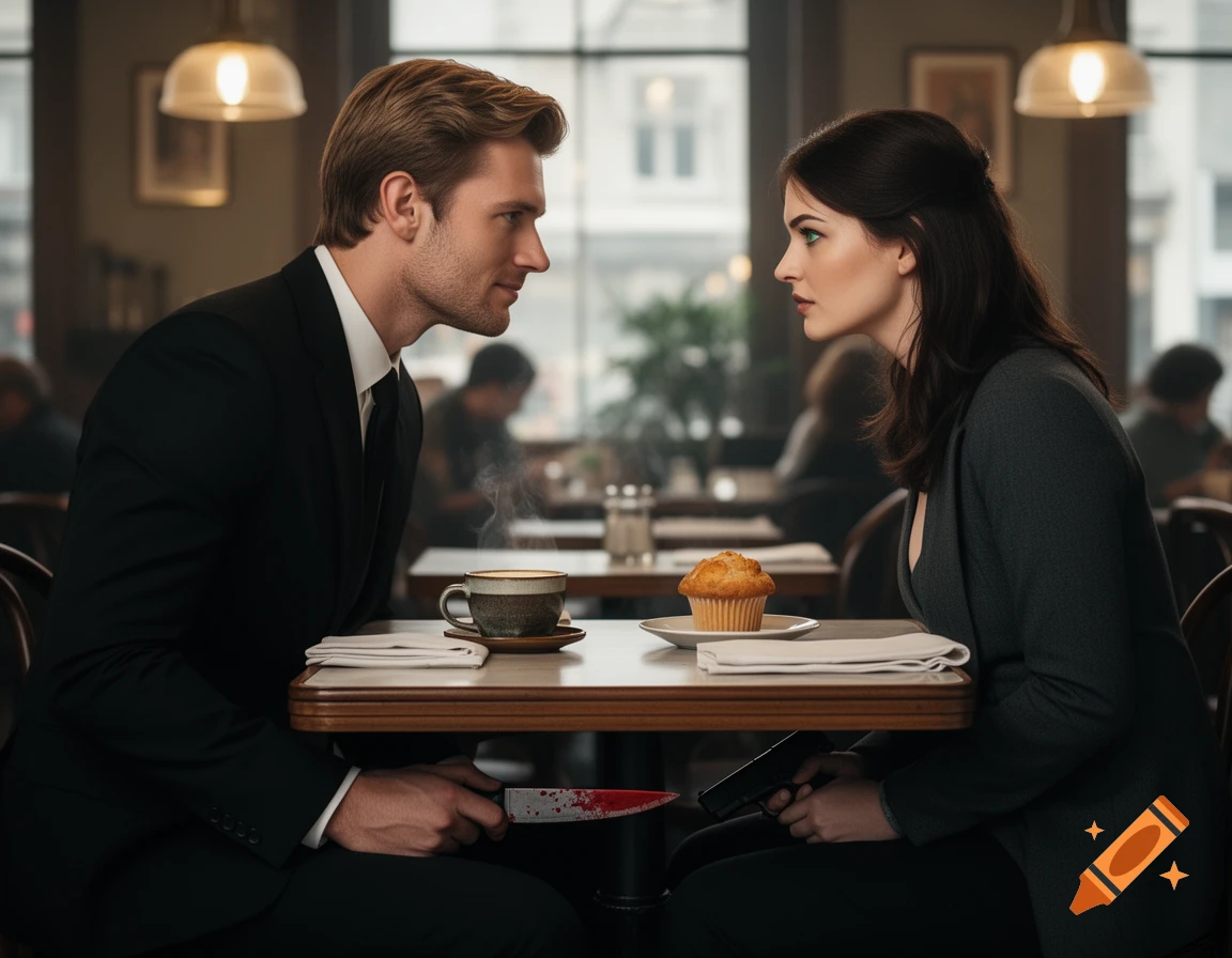 A man in a suit and a woman in a jacket sitting across from each other at a cafe table, hiding weapons under the table.