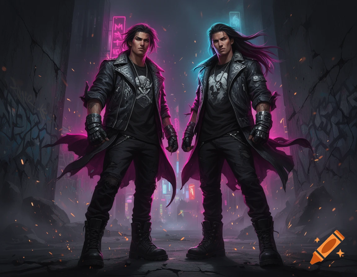 Two badass male characters in dark leather jackets and boots posing in a cyberpunk alleyway with neon lights.
