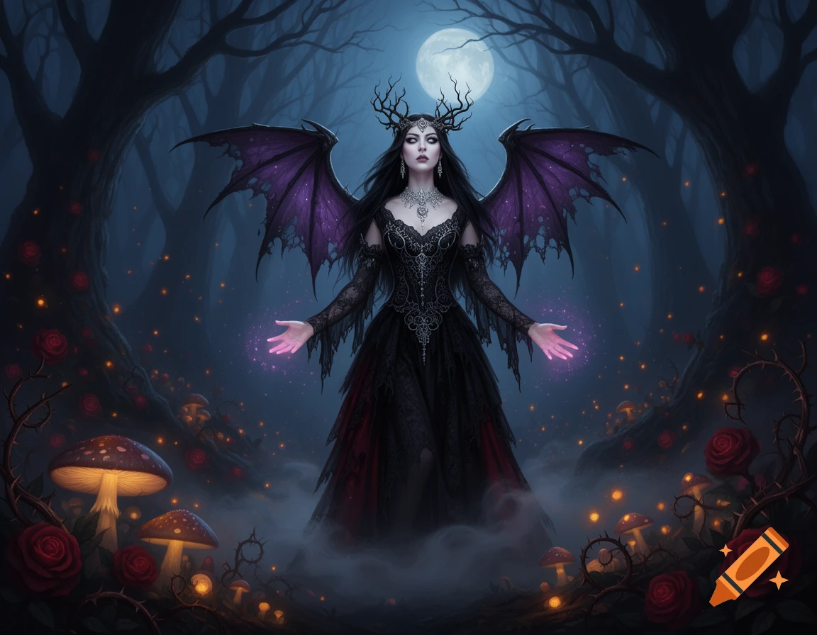 Digital illustration of a gothic fairy with dark wings, horns, and a black dress in a mystical forest with glowing mushrooms and roses under a full moon.