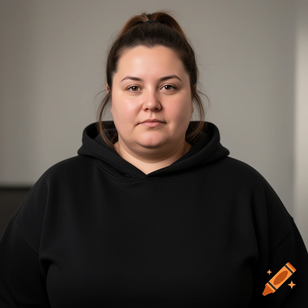 Photorealistic portrait of an adult woman with brown hair in a ponytail and a black hoodie against a neutral gray wall.