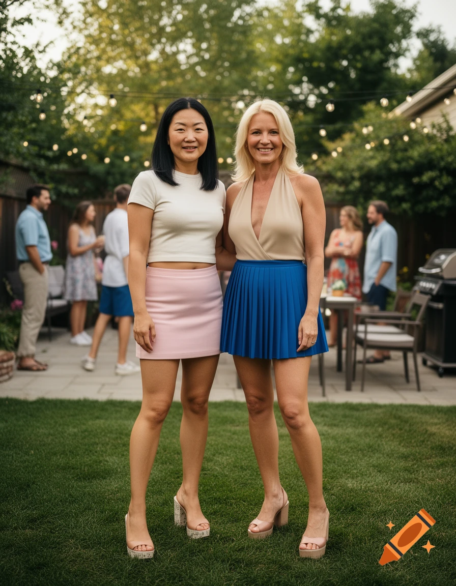Photorealistic full-body shot of two mature women standing in a backyard during a summer gathering.