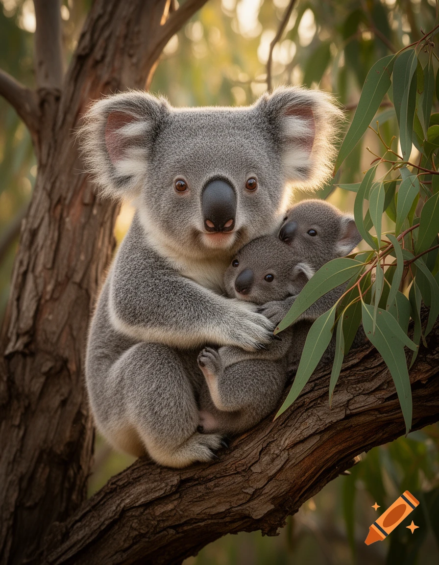 Photorealistic image of a mother koala holding two babies on a tree branch among eucalyptus leaves.