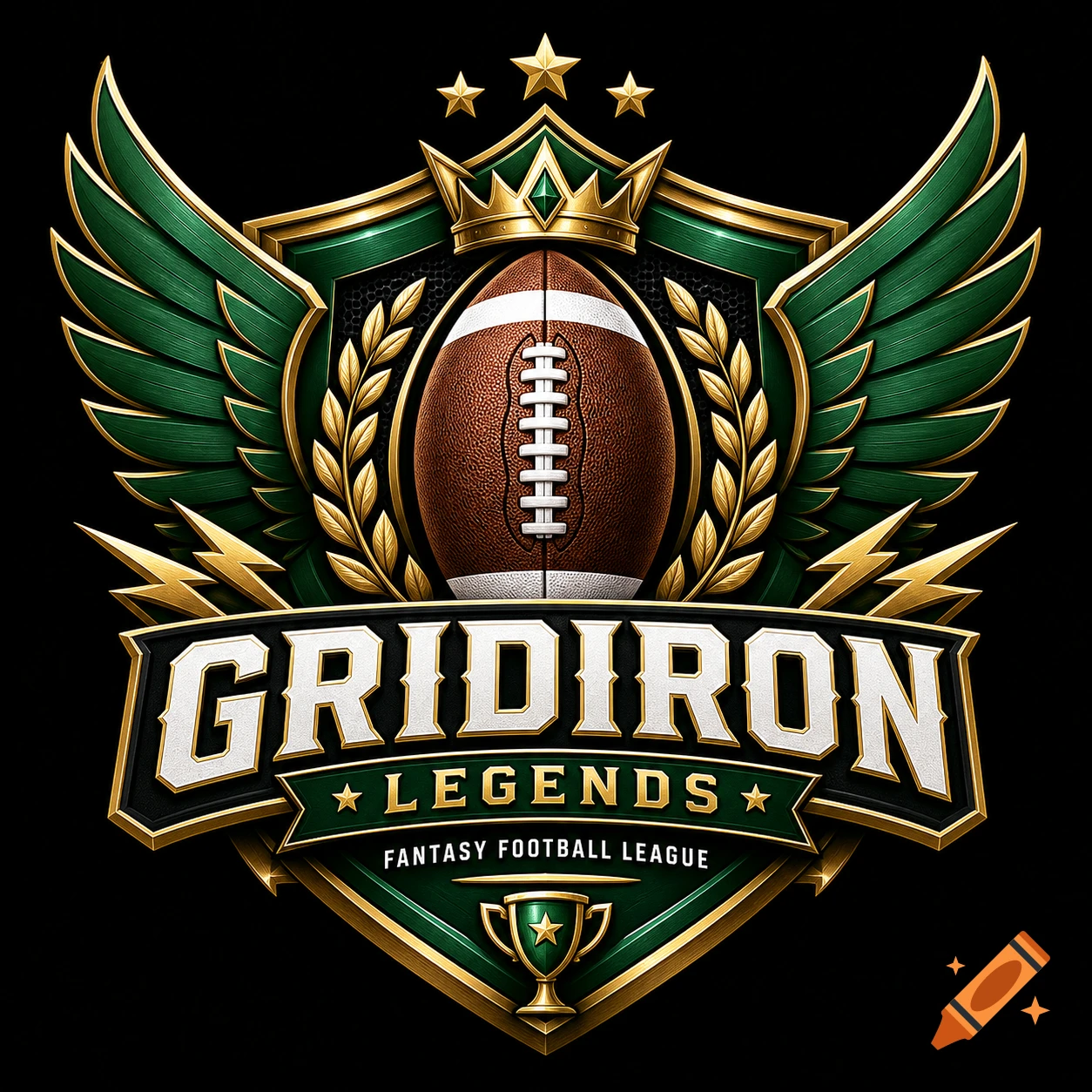 A fantasy football league logo featuring a brown football, green wings, golden shields, and text reading GRIDIRON LEGENDS.