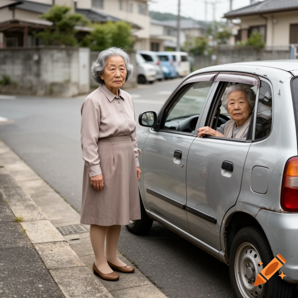 Photorealistic image of an elderly Asian woman standing outside a silver car, and another elderly Asian woman sitting in the driver's seat looking out the window.