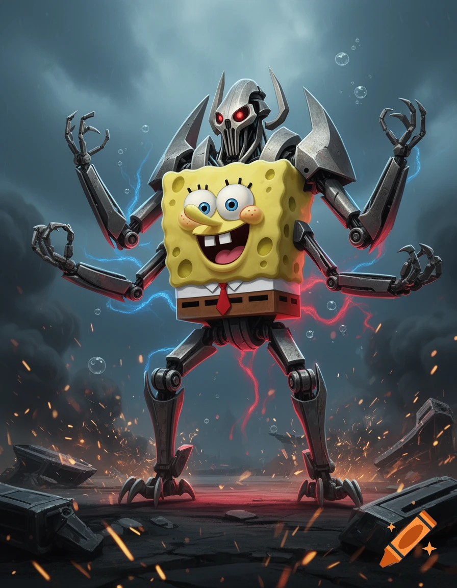 Digital illustration of SpongeBob SquarePants hybridized with General Grievous from Star Wars, posing dramatically in a battlefield.