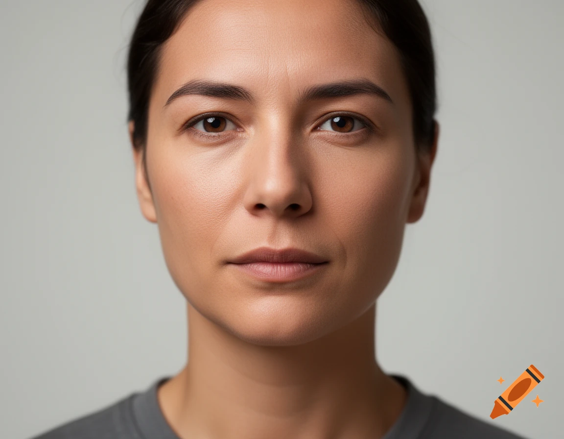 Close-up photorealistic portrait of a woman with brown hair and eyes, looking directly at the camera.