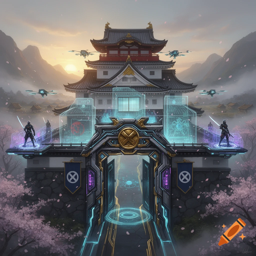 Digital painting of a Japanese castle merged with futuristic X-Men technology, featuring guards and flying drones at sunset.