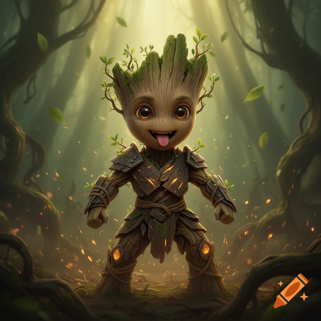 Digital art of a cute baby tree creature in armor standing in a misty forest with its tongue out, glowing embers floating.