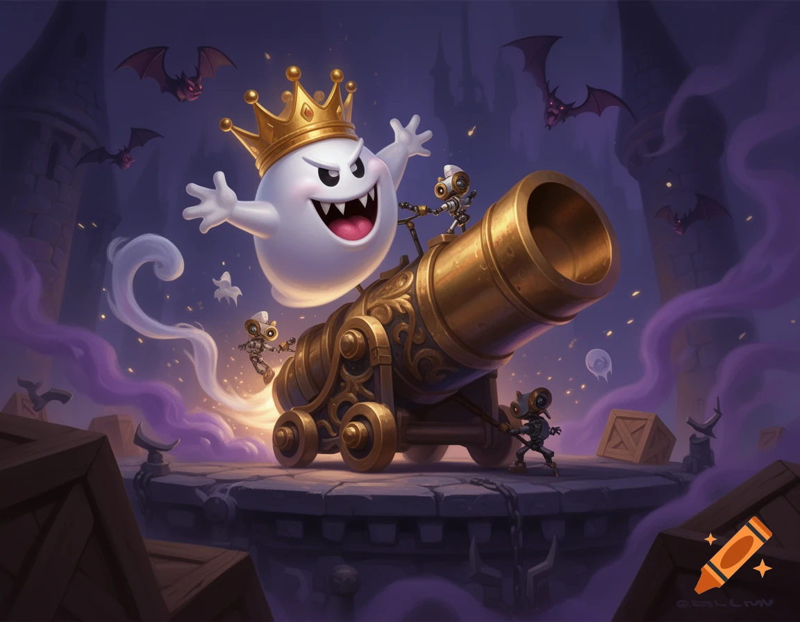 King Boo wearing a crown, standing on a large golden cannon in a castle courtyard, digital illustration style.